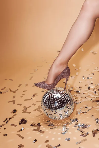 Cropped Image Woman Putting Leg Disco Ball Party Beige — Stock Photo, Image