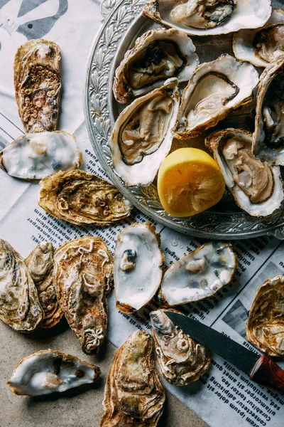 Flat Lay Med Ostron Citron Och Kniv Tidningen Grå Yta — Stockfoto