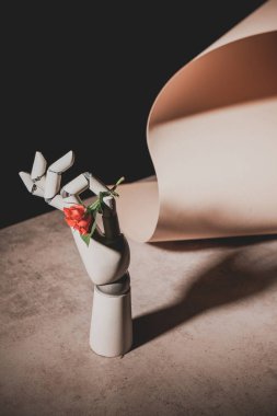 pembe Gül çiçek kağıt üzerine siyah izole taş masada Robotik el