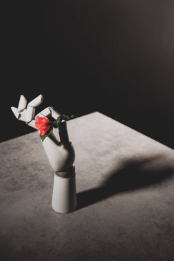 siyah arka plan üzerine taş masada robot elinde pembe Gül çiçek