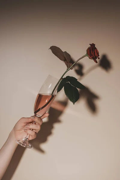 Częściowy Widok Kobieta Trzyma Kieliszek Szampana Czerwona Róża Kwiat Beżowym — Zdjęcie stockowe