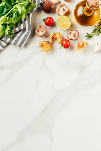 Top View Oil Cherry Tomatoes Lime Mushrooms Rosemary Table — Stock Photo, Image