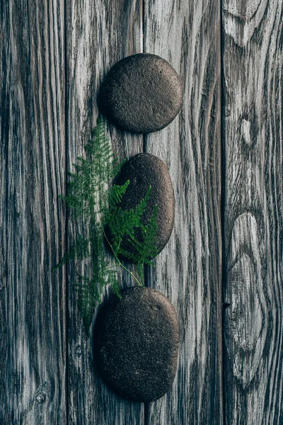 Top view of arranged fern and black pebbles for massage and spa on wooden background — Stock Photo