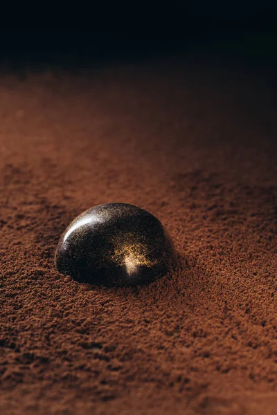 Vista de primer plano de caramelos de chocolate con salpicaduras de oro en la superficie con cacao en polvo - foto de stock