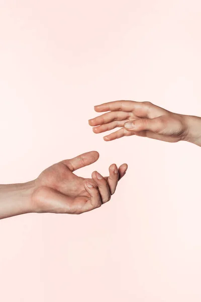 Visión parcial de la mujer y el hombre acercándose unas manos a otras aisladas sobre fondo rosa - foto de stock