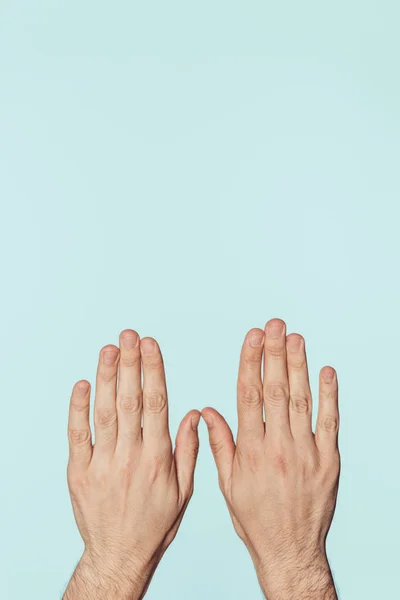 Cropped image of male hands isolated on blue background — Stock Photo