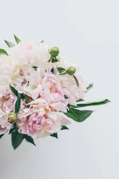 Top view of light pink peony bouquet on white — Stock Photo