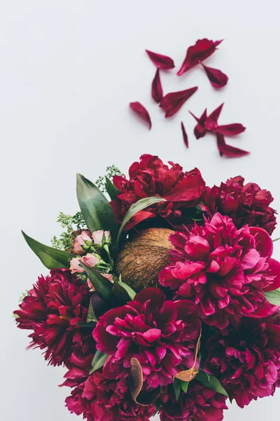 Vista superior del ramo de floristería con peonías, rosas y coco sobre blanco con pétalos - foto de stock