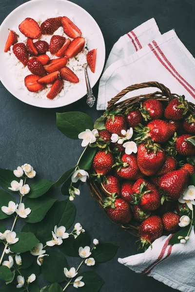 Vue de dessus de savoureux fromage cottage sain avec des fraises et de belles fleurs de jasmin sur noir — Photo de stock