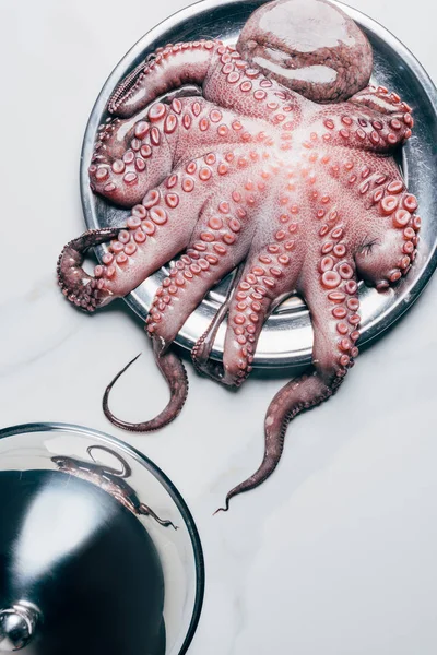 Top view of big uncooked octopus in metal plate on marble surface — Stock Photo