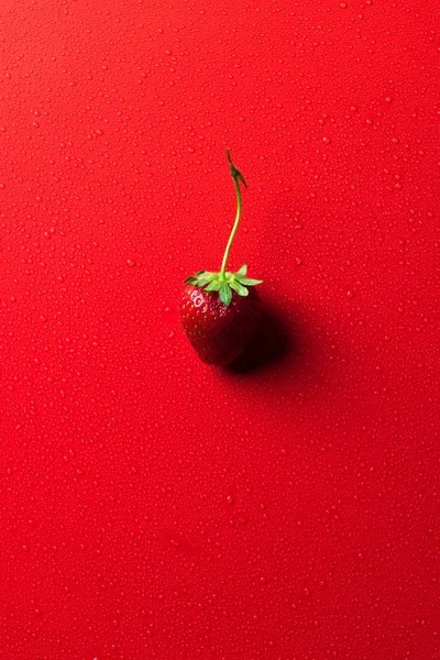 Vista superior de la fresa en la superficie roja con gotas de agua - foto de stock