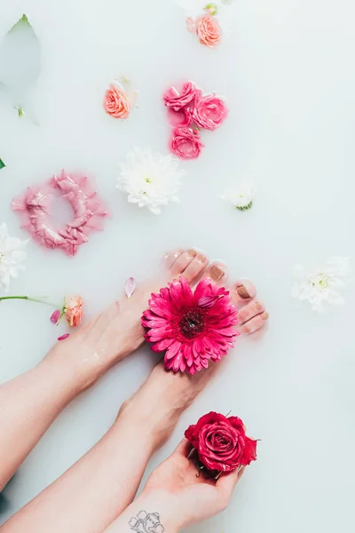 Teilansicht der Frau und schöne bunte Blumen in Milch — Stockfoto