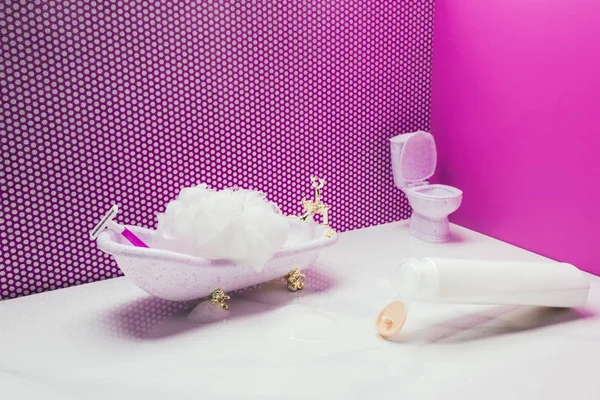 Banheira e vaso sanitário com suprimentos de higiene em tamanho real em banheiro em miniatura — Fotografia de Stock