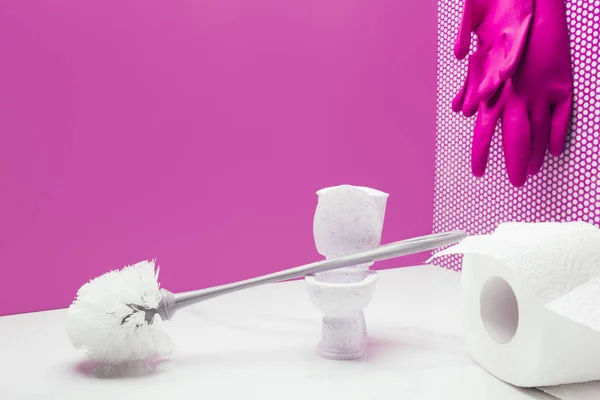 Toilettes jouets avec brosse de toilette de taille réelle et rouleau de papier dans une pièce miniature avec des gants en caoutchouc suspendus au mur — Photo de stock