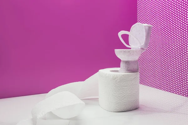Игрушечный туалет с бумажным полотенцем реального размера рулон в миниатюрной розовой комнате — стоковое фото