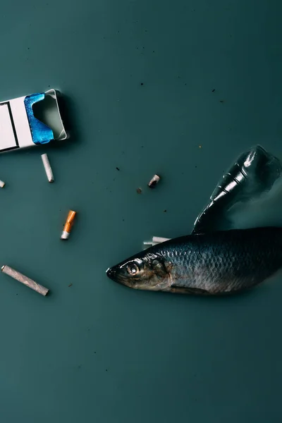 Vista dall'alto di pesce, bottiglia di plastica e sigarette che scorrono in acqua, concetto di protezione ambientale — Foto stock