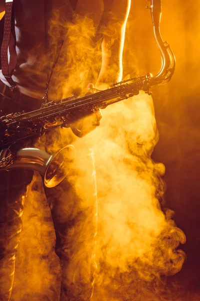 Recortado disparo de joven músico sosteniendo saxofón en el humo - foto de stock