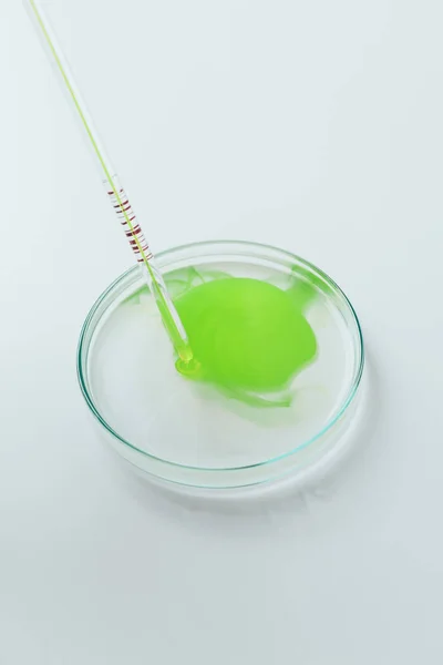 Tiro close-up de líquido verde derramando de pipeta em placa de Petri — Fotografia de Stock