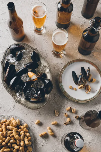 Top view of peanuts, mussels with ice cubes and beer arranged on concrete tabletop — Stock Photo