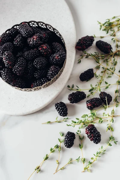 Top view of blackberries lying in metal bowl and on white table with herbs — Stock Photo