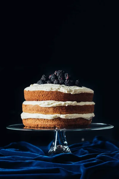 Pastel de mora recién horneado en soporte de vidrio y en tela azul - foto de stock