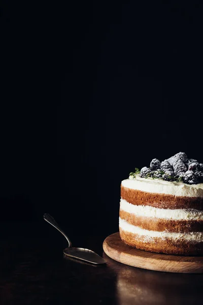 Plan rapproché de délicieux gâteau aux mûres sur planche à découper en bois et sur noir avec serveur à gâteaux — Photo de stock