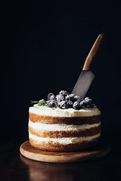 Close-up shot of delicious blackberry cake with knife on black — Stock Photo
