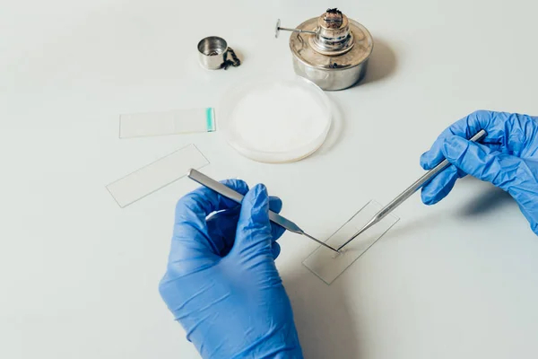 Image recadrée de biologiste en gants de latex examinant l'analyse en laboratoire moderne — Photo de stock
