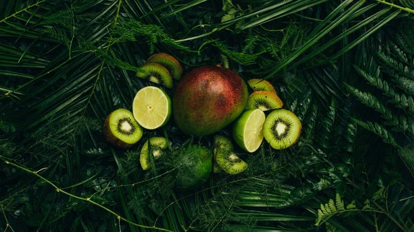 Vue de dessus des mangues, du citron vert et des kiwis sur les feuilles de palmier — Photo de stock
