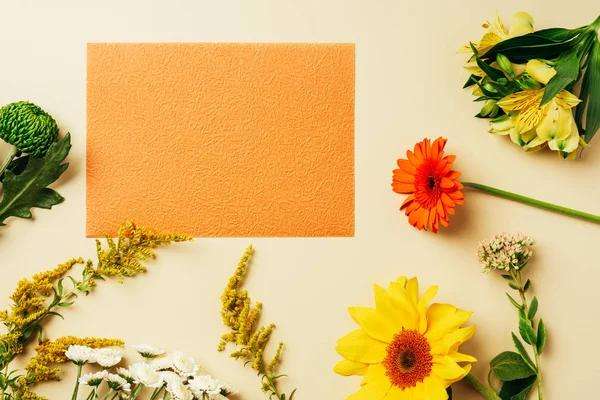 Flat lay com várias flores silvestres em torno de cartão laranja em branco no fundo bege — Fotografia de Stock