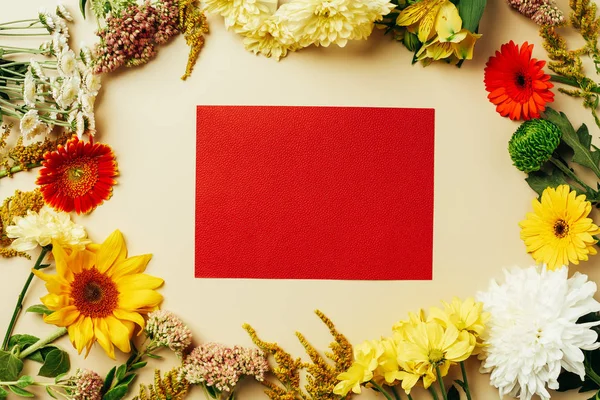 Flat lay with various beautiful flowers and blank red card on beige background — Stock Photo