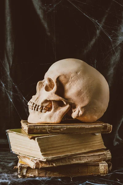 Teschio di Halloween su libri antichi su tela nera con ragnatela, stregoneria gotica — Foto stock