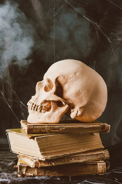 Calavera de Halloween en libros antiguos sobre tela negra con humo - foto de stock