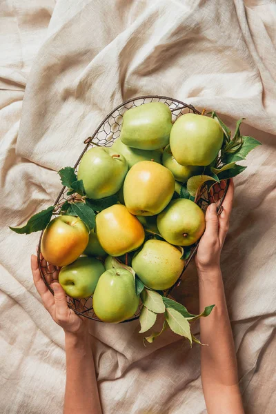 Vue recadrée de la femme tenant panier en métal avec des pommes vertes sur toile de sac — Photo de stock