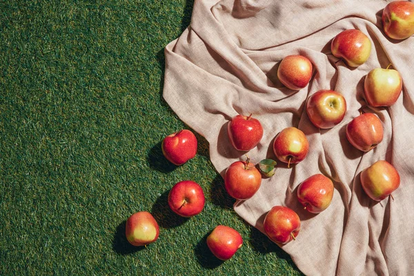 Vista superior de manzanas rojas en paño de saqueo y hierba verde - foto de stock