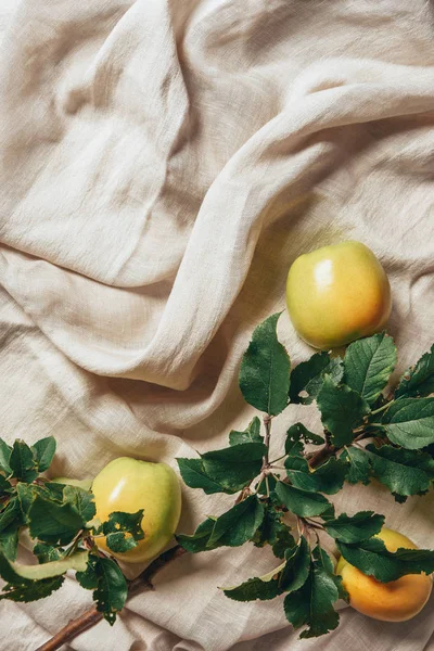 Vista superior de manzanas amarillas con hojas de manzano sobre tela para saquear - foto de stock