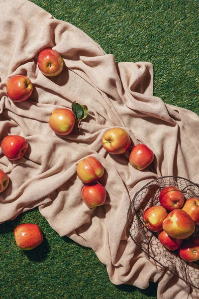 Top view of red apples in metal basket sacking cloth and green grass — Stock Photo