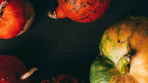 Vue de dessus des citrouilles orange et jaune sur fond sombre avec espace de copie — Photo de stock