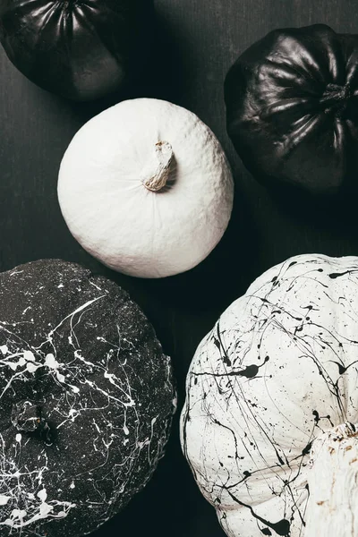 Vue de dessus de citrouilles noires et blanches avec éclaboussures de peinture sur fond sombre halloween — Photo de stock