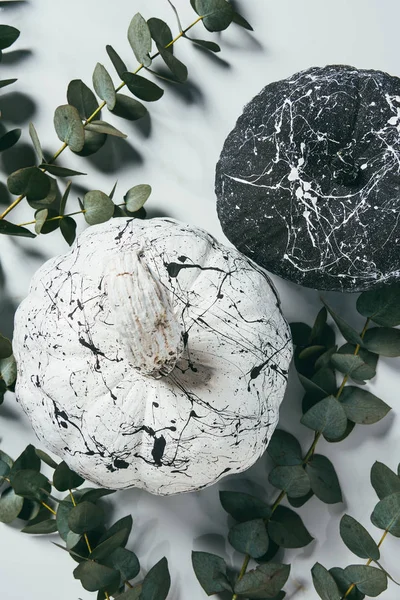 Draufsicht auf dekorative schwarz-weiße Kürbisse mit Farbspritzern und Eukalyptusblättern, Halloween-Design — Stockfoto