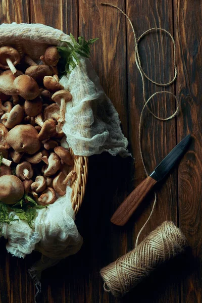 Blick von oben auf frisch gepflückte Pilze, Messer und Seil auf Holztisch — Stockfoto