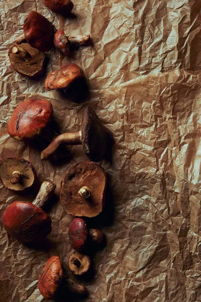 Vista superior de las setas de suillus frescas crudas y sabrosas sobre papel pergamino - foto de stock