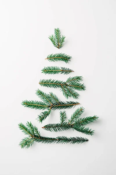 Vista dall'alto di rami di pino disposti a forma di albero isolati su bianco — Foto stock