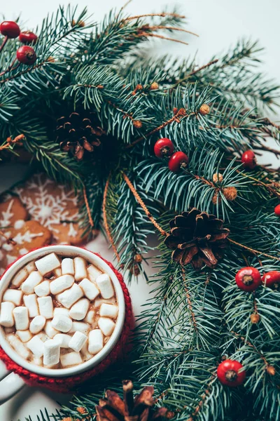 Vista dall'alto di rami di pino, biscotti e tazza di cioccolata calda con marshmallow sulla superficie bianca, concetto di colazione di Natale — Foto stock