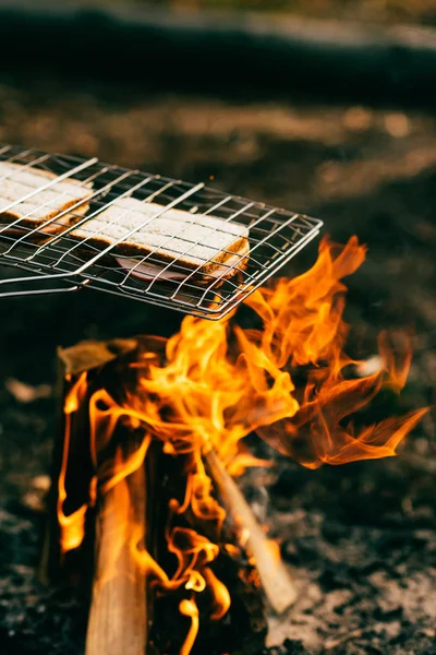 Two sandwiches cooking on grill grate over fire — Stock Photo