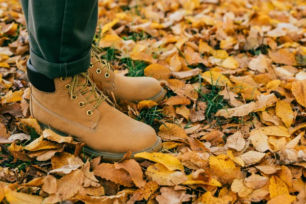 Cropped view of man in orange boots standing on colorful foliage — Stock Photo