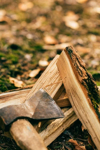 Nahaufnahme eines Haufens gehäckselten Brennholzes auf dem Boden mit der Axt im Herbstwald — Stockfoto