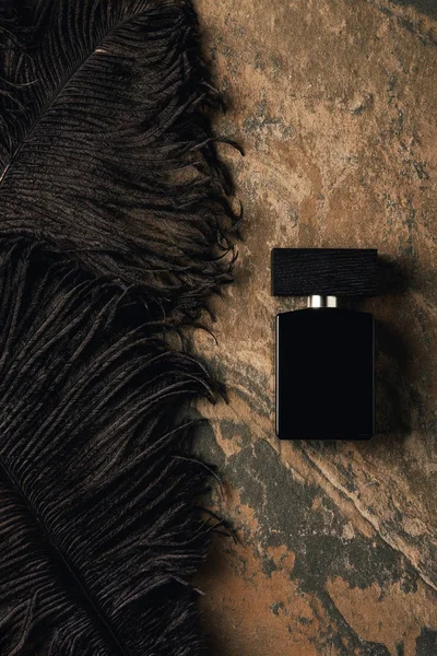 Top view of perfume bottle and decorative black feathers on brown weathered surface — Stock Photo