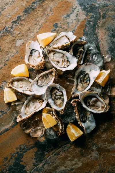 Essenszusammensetzung aus Austern, Zitronenstücken und Eis auf grungy Tischplatte — Stockfoto