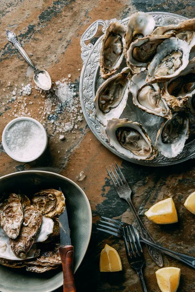 Top view of arrangement of oysters and lemon pieces on grungy tabletop — Stock Photo